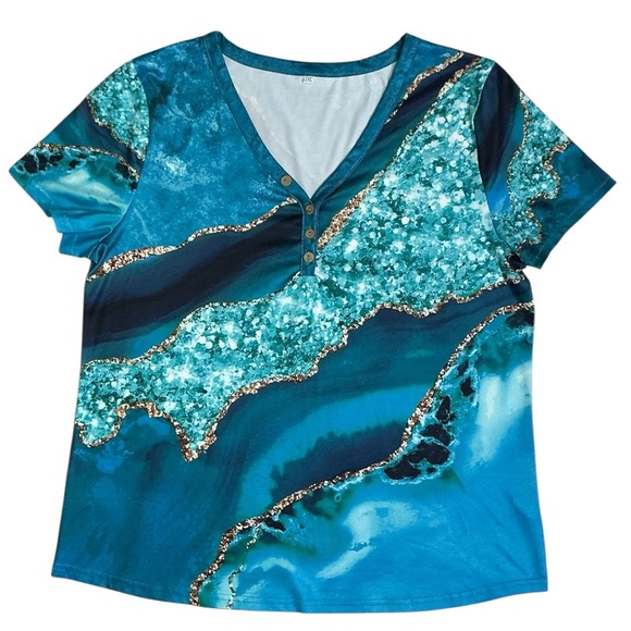 Beach Ocean Blue Top Marbled V Neck Short sleeve Women Turquoise Teal Plus 2XL - Picture 8 of 16